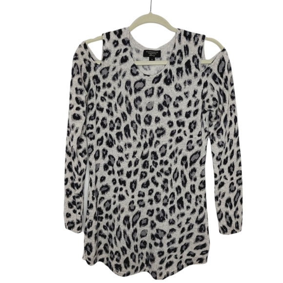 Charter Club 100% Cashmere Cold Shoulder Sweater Animal Leppard Print Small Gray - Picture 1 of 10